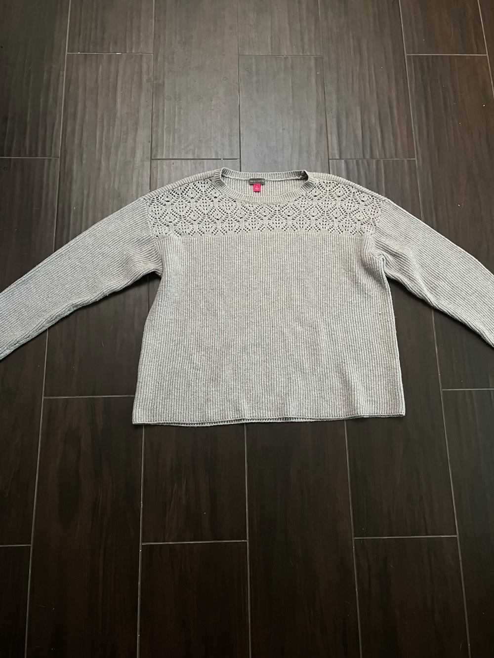 Vince Camuto Light Gray Knit Sweater with Lace Yoke Detail